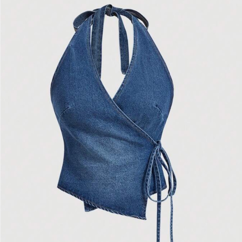 Denim halter top cropped jean shirt bustier 6 bow western rodeo fair cowgirl S M - Picture 5 of 7